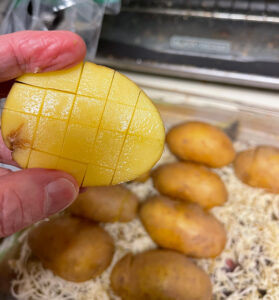 Photo of a potato half with crosshatch scoring cut into it.