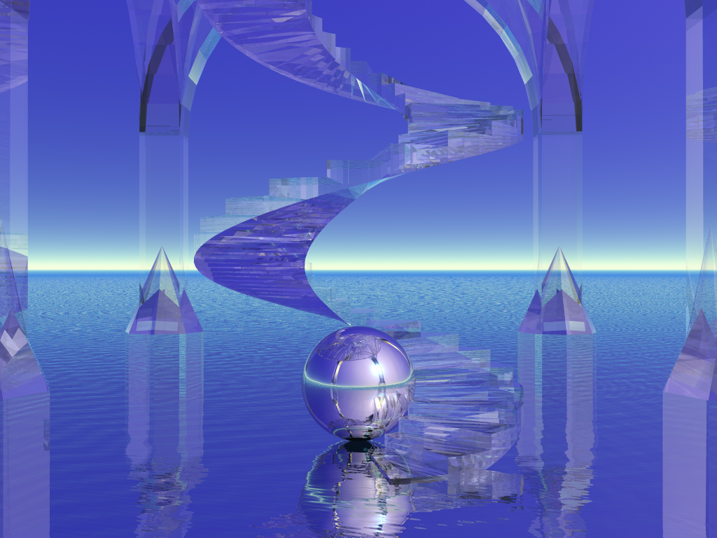 Abstract piece showing crystal forms and a silver ball rising out of water.