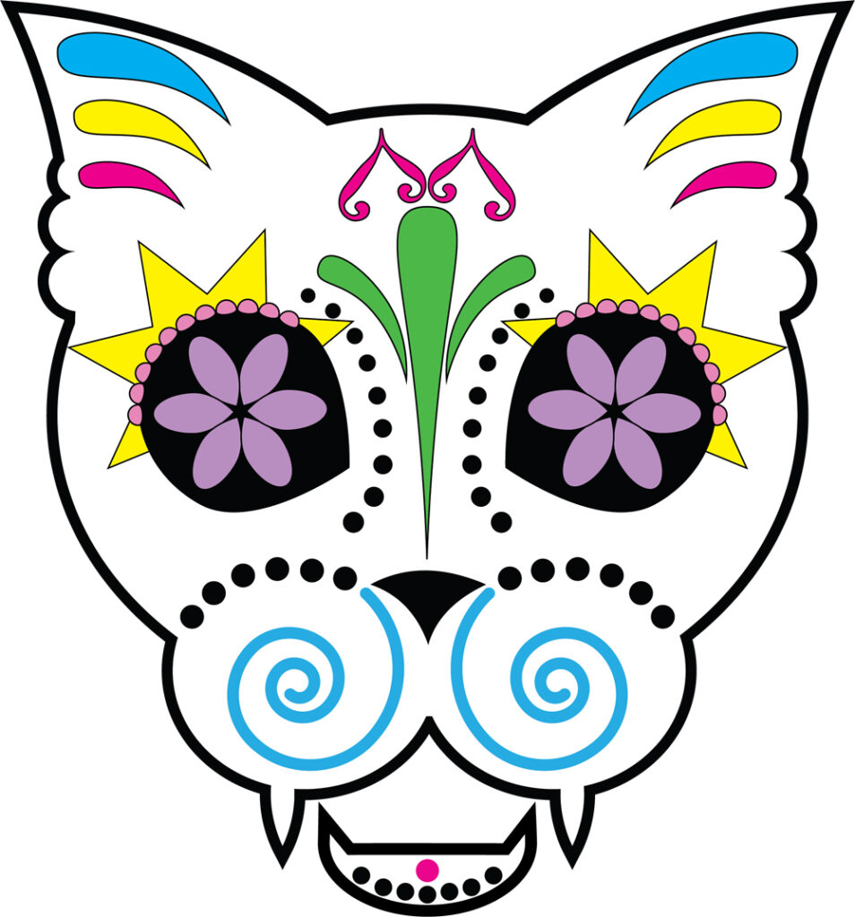 Cat skull drawn in the Dia de los Muertos style
