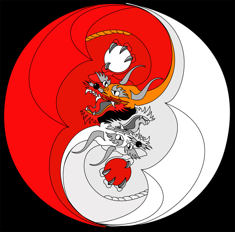 A Yin/Yang done in red and white, depicting dragons holding balls.